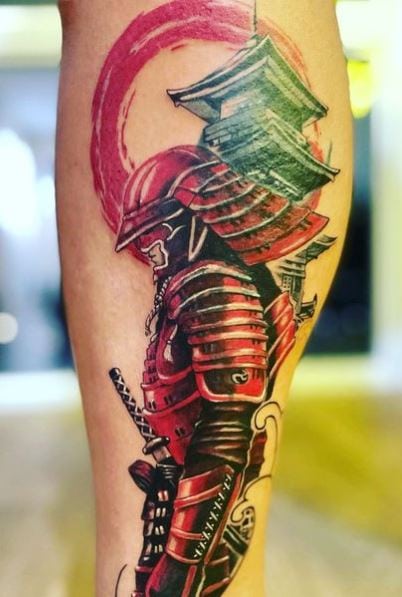 Colorful Temple and Samurai Leg Tattoo
