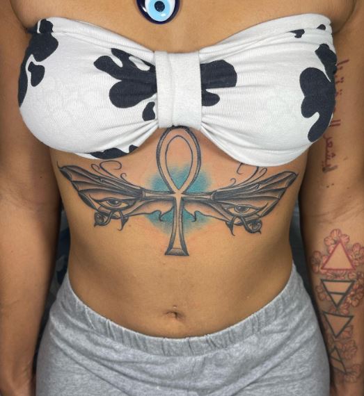 Colored Eyes of Ra and Ankh Belly Tattoo