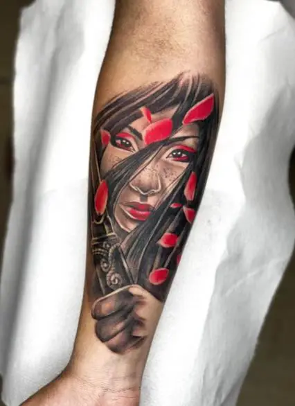 Red Leaves and Geisha with Katana Forearm Tattoo