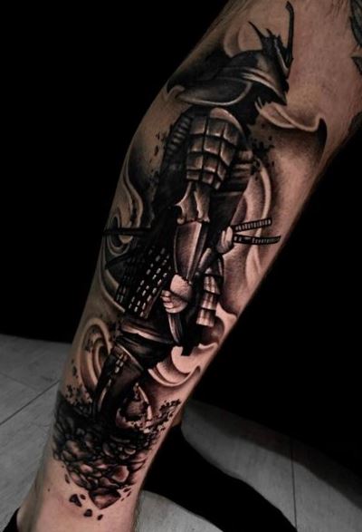 Grey Samurai Warrior Leg Tattoo
