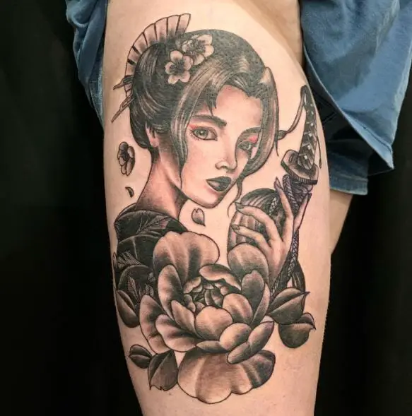 Grey Flower and Geisha with Katana Tattoo
