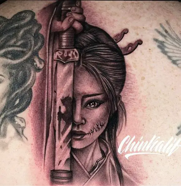 Katana and Geisha with Scar Tattoo