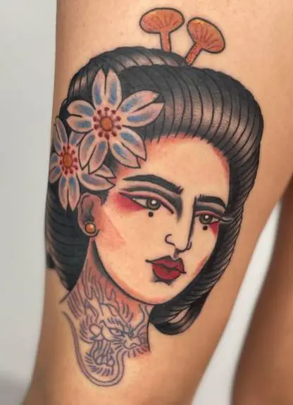 Colored Geisha Head Thigh Tattoo