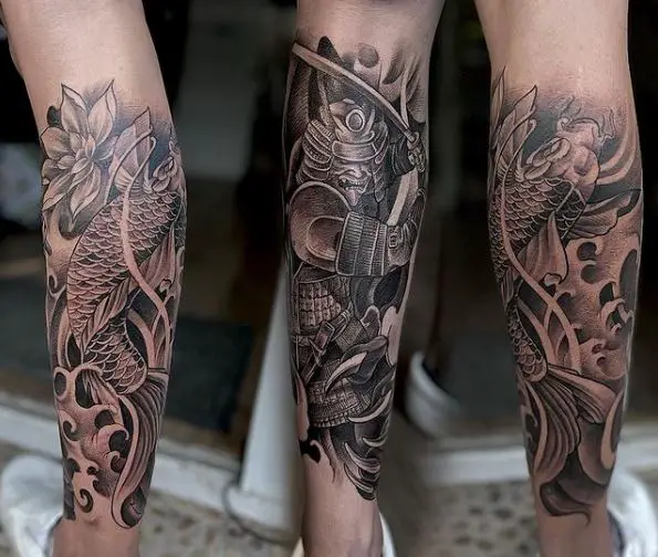 Koi Fish and Samurai Leg Tattoo