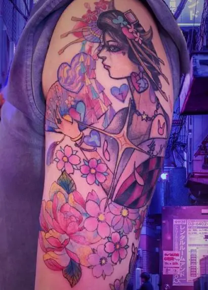 Colorful Flowers and Geisha Arm Tattoo
