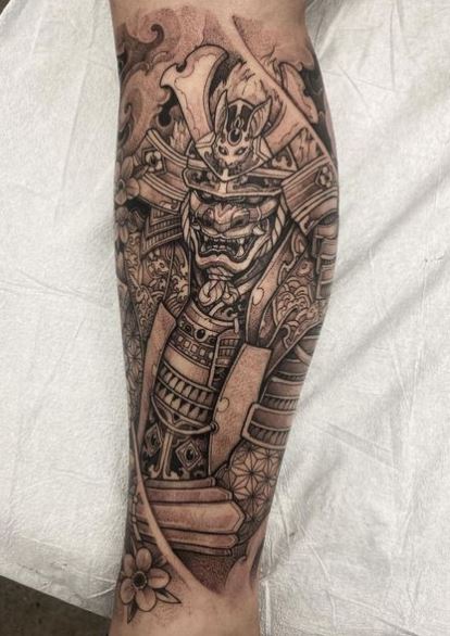 Flower and Samurai Leg Tattoo