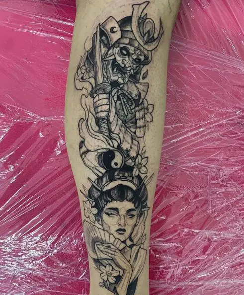 Geisha and Samurai Skeleton Leg Tattoo