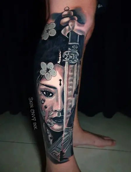 Flowers and Geisha with Katana Leg Tattoo