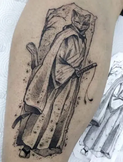Samurai Cat Leg Tattoo