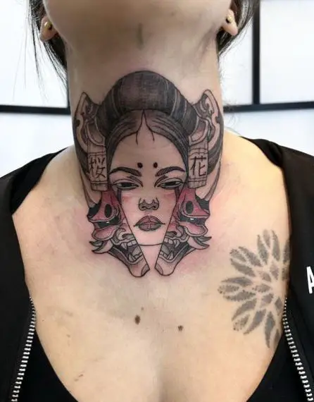 Black and Red Geisha Throat Tattoo