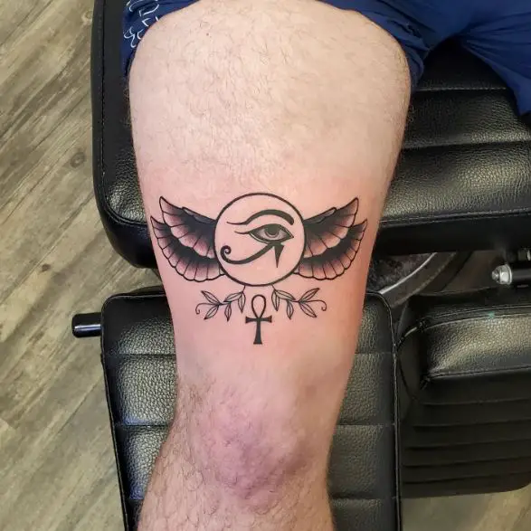 Eye of Horus with Wings and Ankh Thigh Tattoo