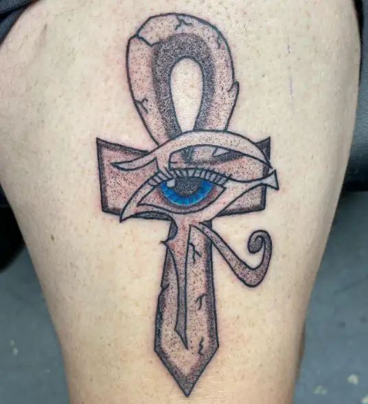 Eye of Horus and Ankh Thigh Tattoo