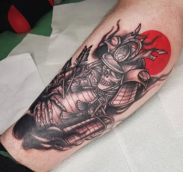 Skeleton Samurai Leg Tattoo