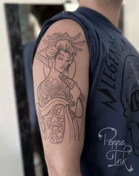 Geisha with Katana Arm Tattoo