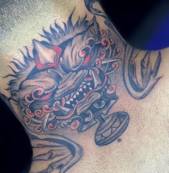 Black and Red Samurai Mask Neck Tattoo