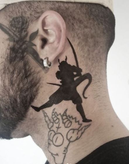 Black Samurai with Katana Neck Tattoo