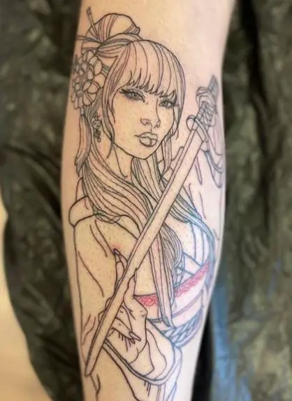 Geisha with Katana Calf Muscle Tattoo