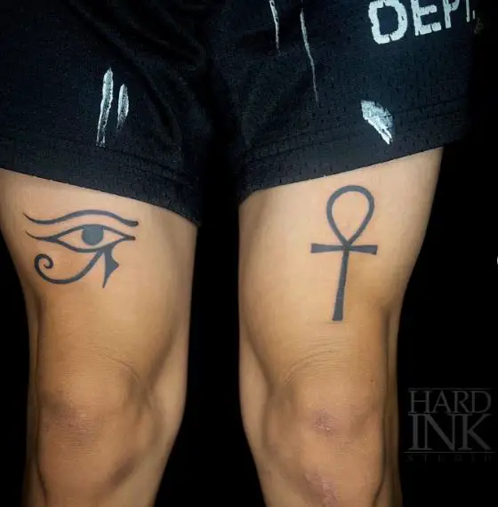 Eye of Ra and Ankh Thighs Tattoos