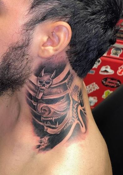 Grey Samurai Mask Neck Tattoo