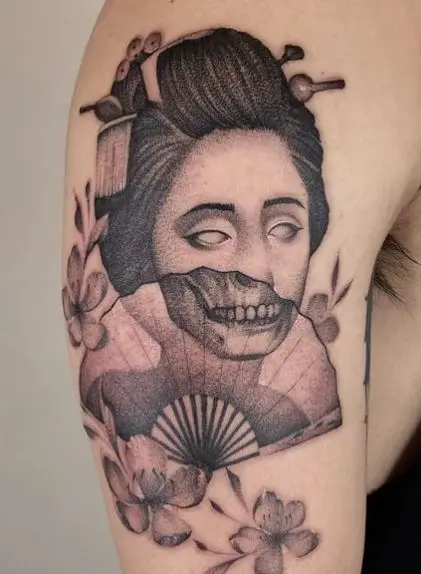 Grey Flowers and Geisha with Fan Arm Tattoo