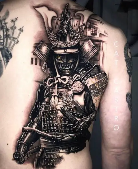 Black Samurai Warrior Back Tattoo