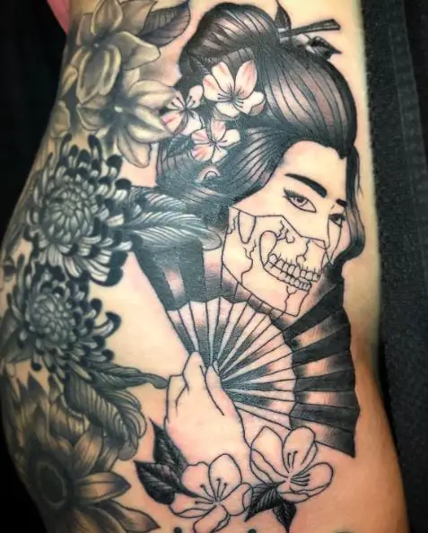 Flowers and Geisha with Fan Hip Tattoo