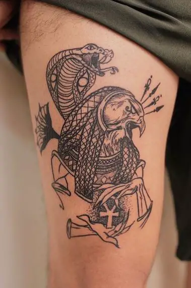 Ra and Cobra with Ankh Thigh Tattoo