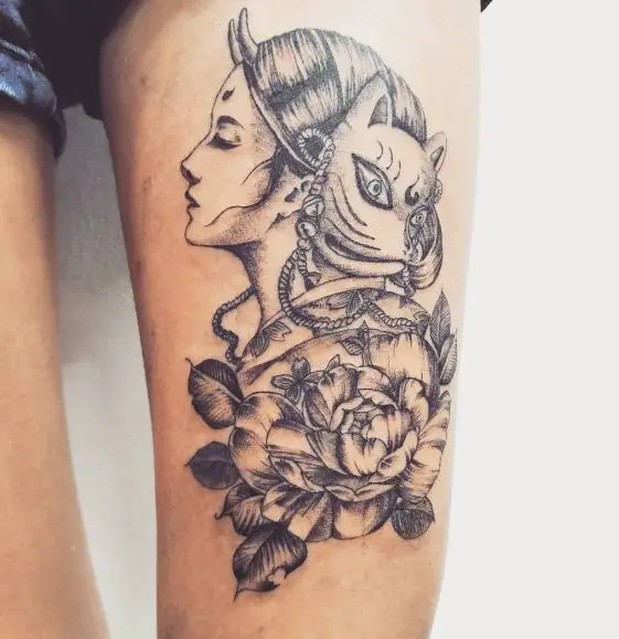 Flower and Geisha with Cat Mask Tattoo