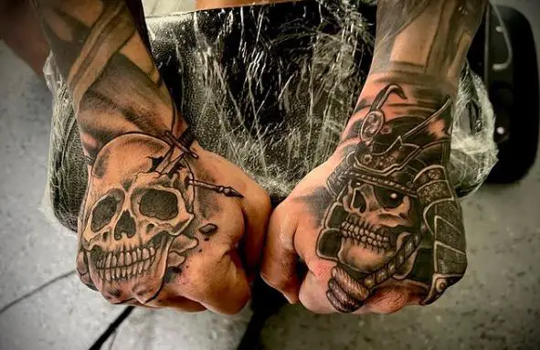 Skull with Samurai Helmet Hand Tattoo