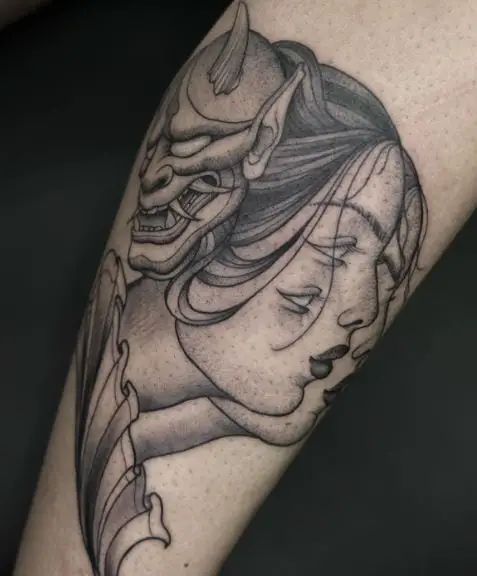 Grey Geisha with Devil Mask Arm Tattoo