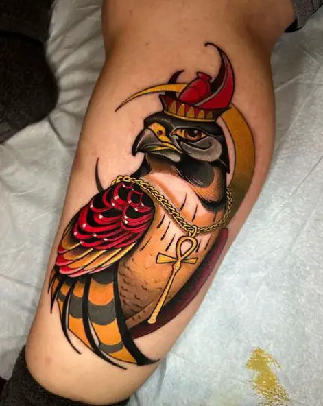 Egypt Bird with Ankh Calf Muscle Tattoo