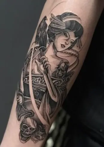 Skull and Geisha with Katana Forearm Tattoo
