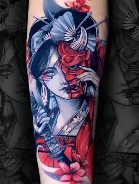 Red Hannya Mask and Geisha Arm Tattoo