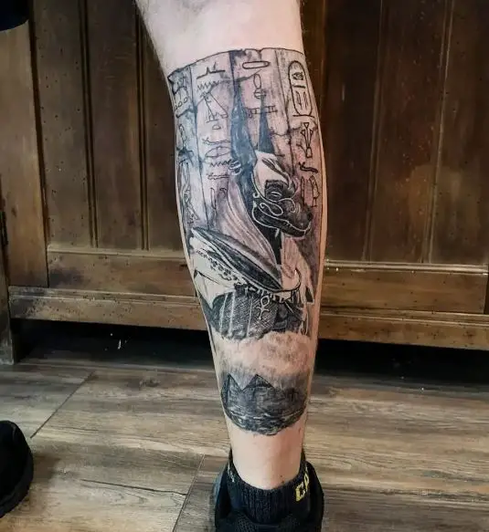 Anubis and Ankh Calf Muscle Tattoo