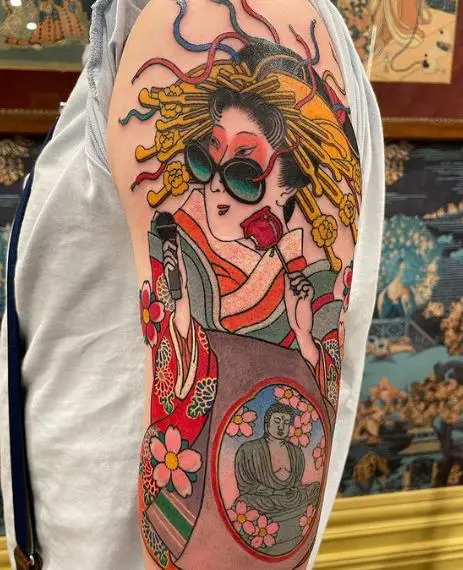 Colorful Geisha with Glasses Arm Tattoo