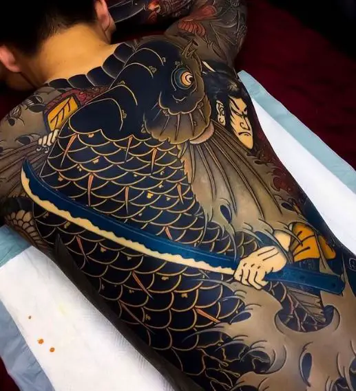 Koi Fish and Samurai Back Tattoo