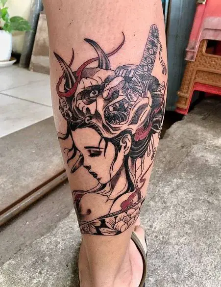 Geisha with Mask and Katana Calf Muscle Tattoo