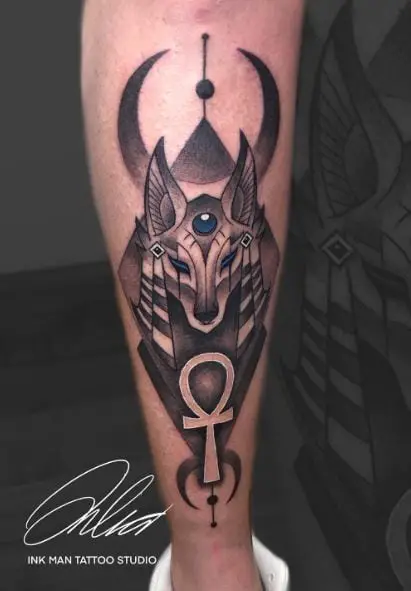 Anubis and Ankh Calf Muscle Tattoo