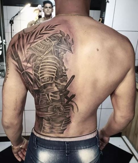 Grey Samurai Warrior Back Tattoo