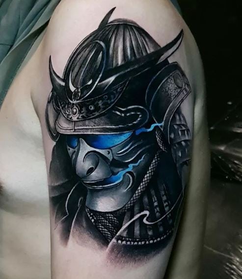 Samurai Mask with Blue Eyes Arm Tattoo
