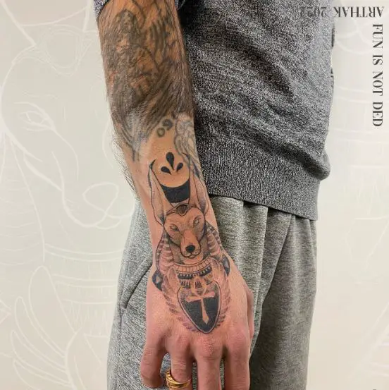 Anubis and Ankh Hand Tattoo