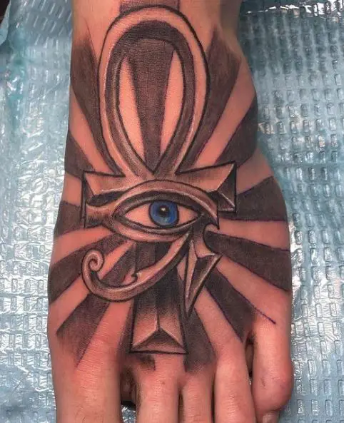 Blue Eye or Ra and Ankh Foot Tattoo