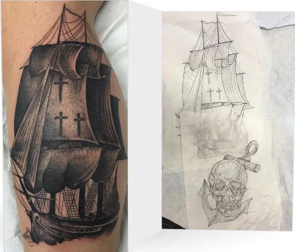 3 Cross Tattoo With Rustic Ship