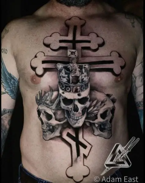 3 Cross and Skull Chest Tattoo