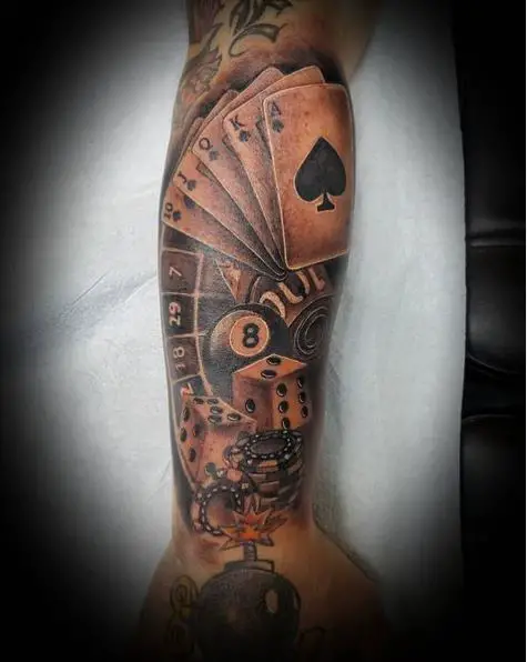 8 Ball, Cards, Poker Chips, Dice with Bomb Sleeve Tattoo