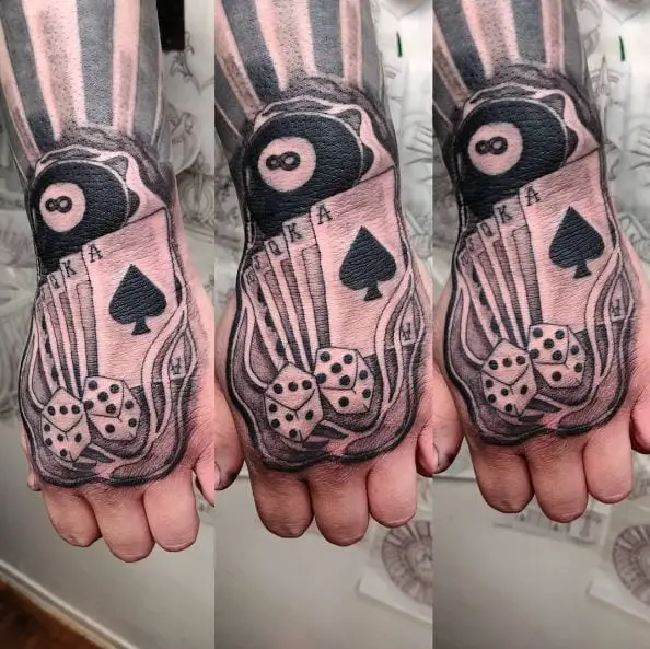 8 Ball, Dice and Playing Cards Hand Tattoo