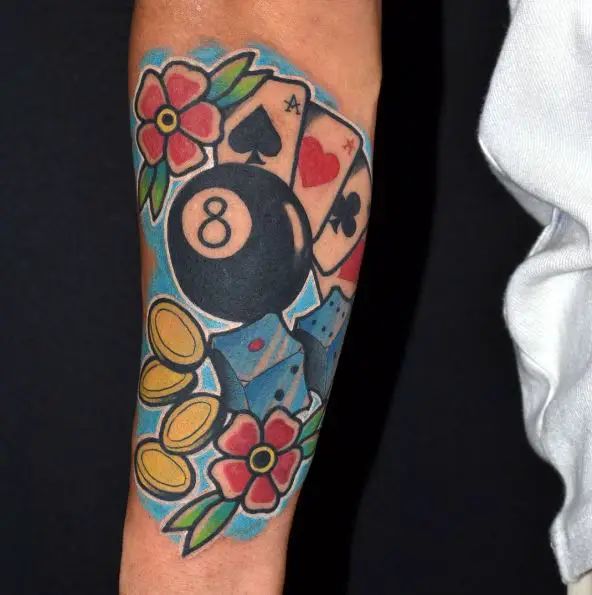 8 Ball, Dice and Playing Cards with Floral Colorful Tattoo Piece