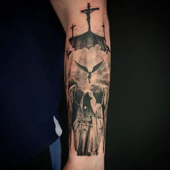 Angel with Cross and 3 Cross Forearm Tattoo