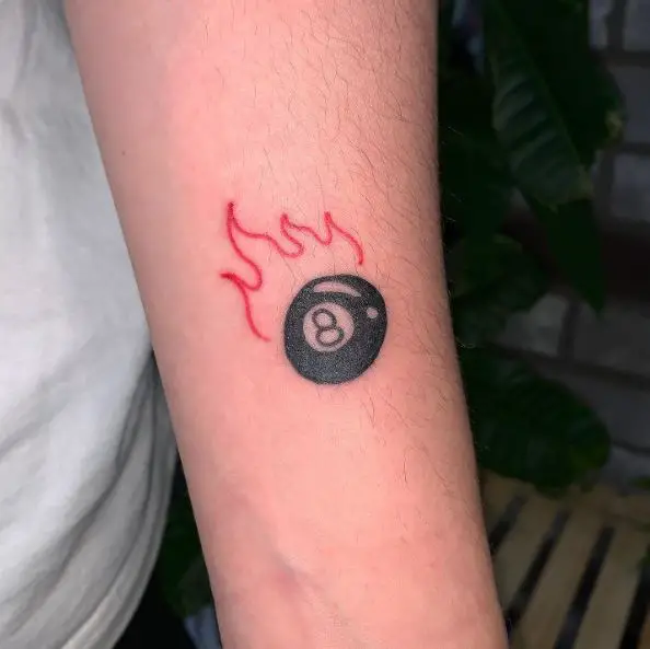 Black 8 Ball and Red Flames Forearm Tattoo