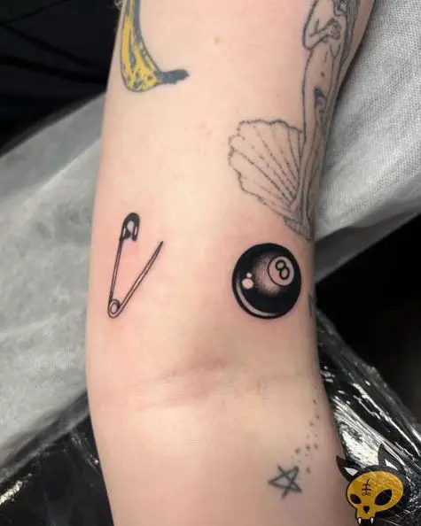 Black 8 Ball and Safety Pin Tattoo Piece